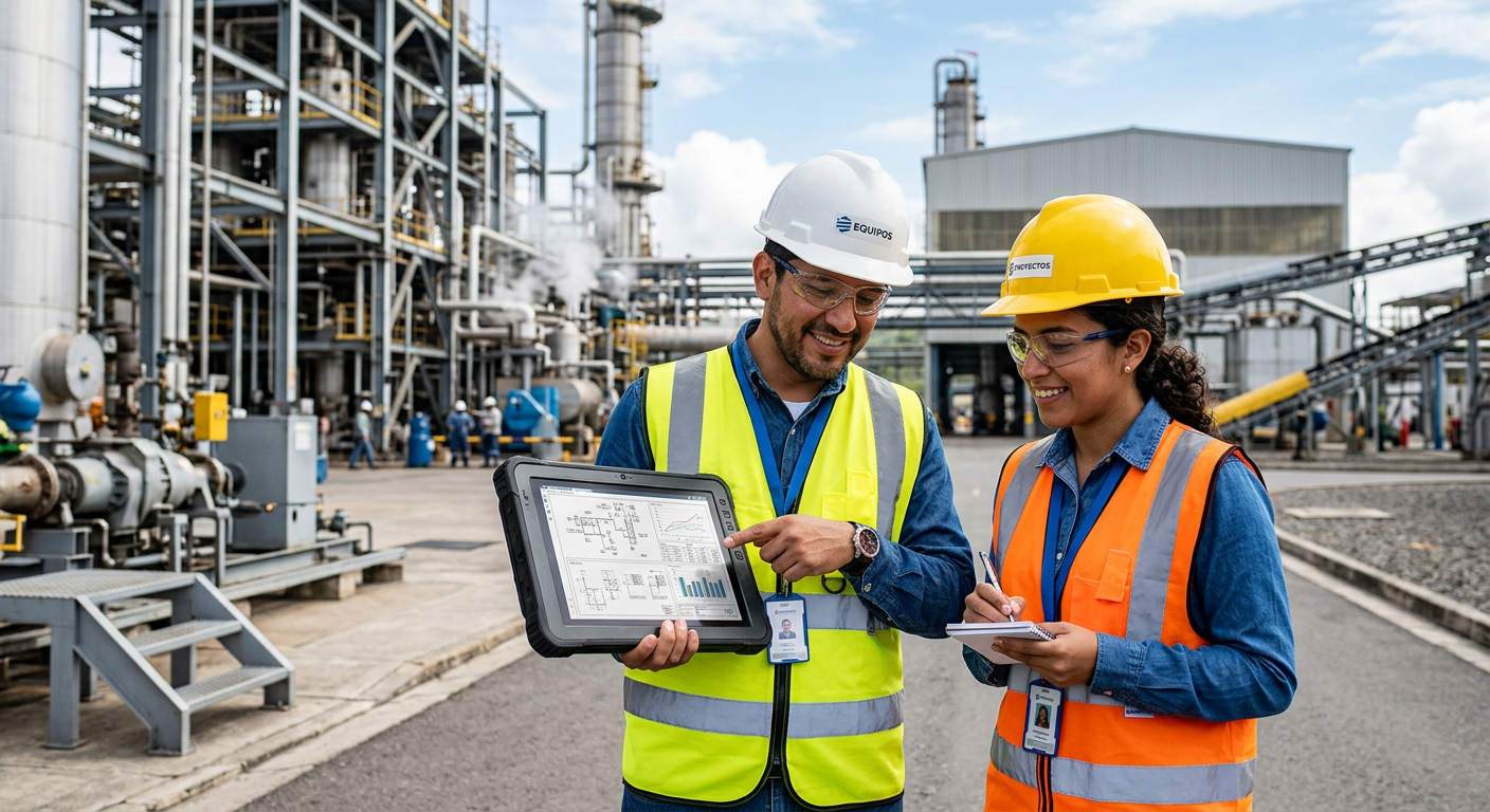 Ingenieros con equipo de protección revisando documentación frente a una instalación industrial