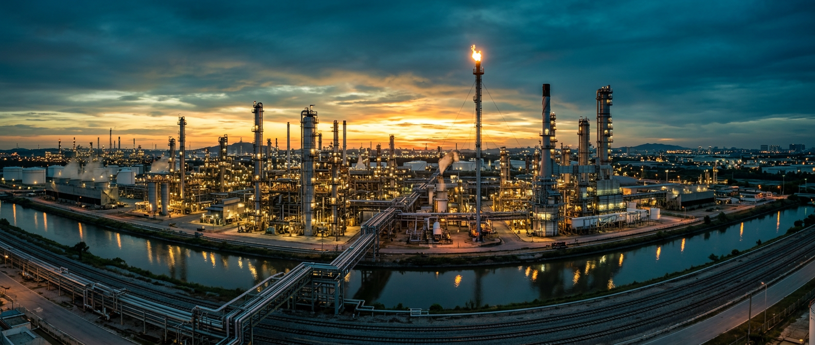 Complejo industrial petroquímico iluminado al atardecer